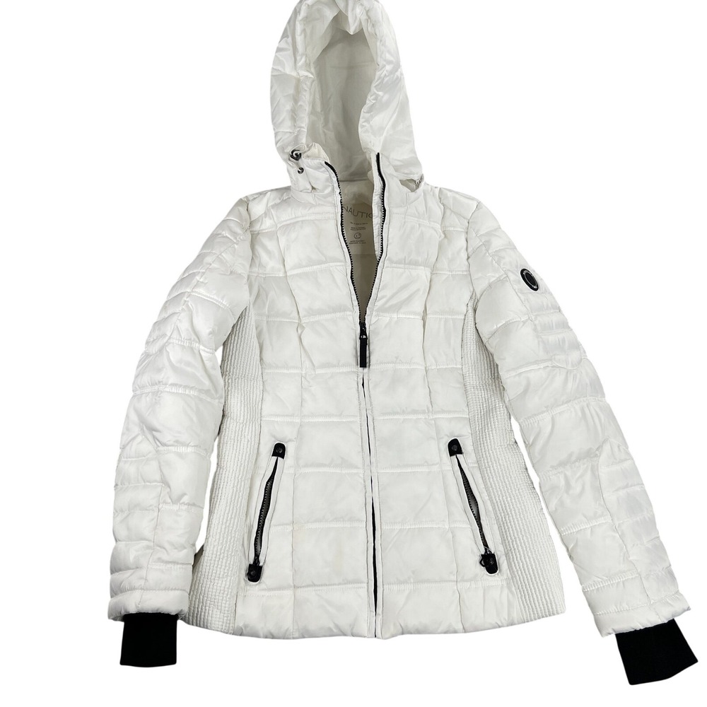 Nautica Puffer Jacket S White Quilted Hooded Water Resistant Womens Winter Coat